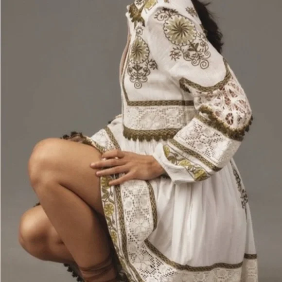 Anthropologie Maeve Ivory and Olive Embroidered Long Sleeve Dress - Picture 3 of 10